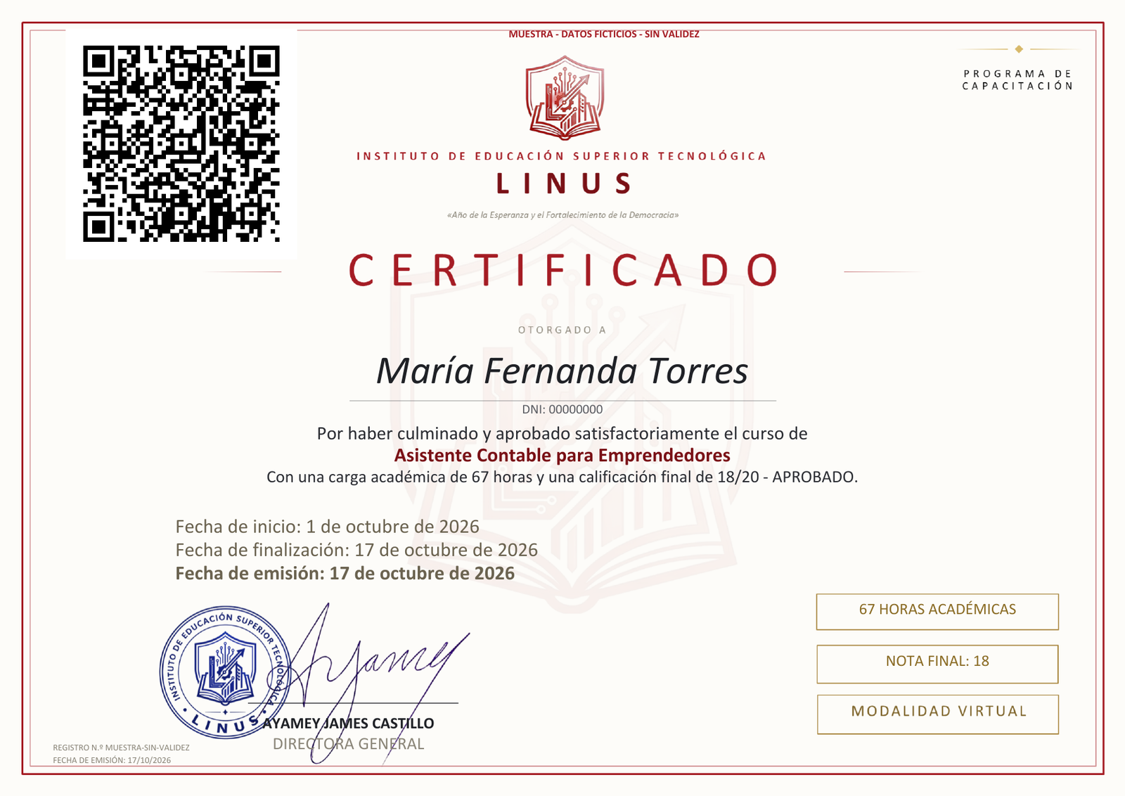 Modelo del certificado de Instituto Linus, en A4 horizontal, con datos ficticios y marca de muestra sin validez